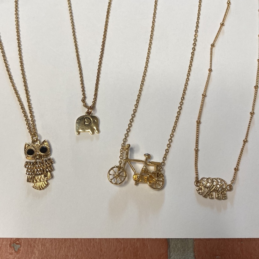Gold boho owl elephant bicycle fun necklace bundle!!